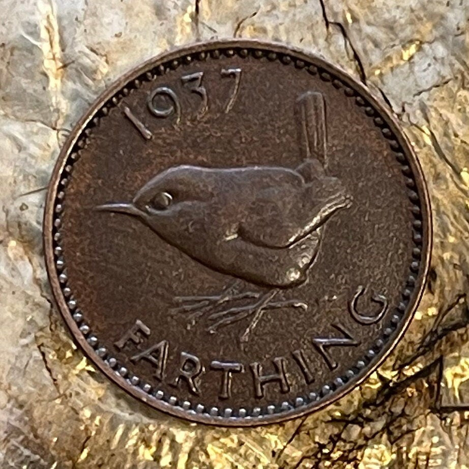 Eurasian Wren & King George VI 1 Farthing Great Britain Authentic Coin Money for Jewelry and Craft Making