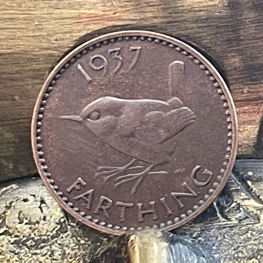 Eurasian Wren & King George VI 1 Farthing Great Britain Authentic Coin Money for Jewelry and Craft Making