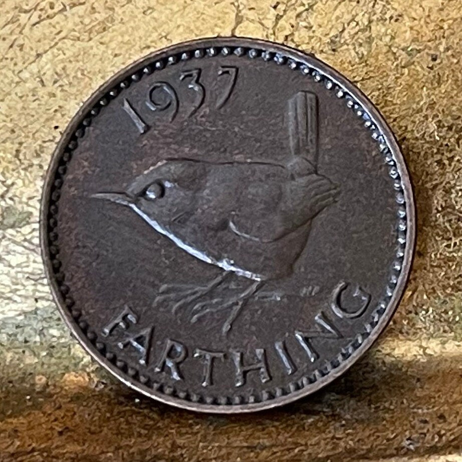 Eurasian Wren & King George VI 1 Farthing Great Britain Authentic Coin Money for Jewelry and Craft Making