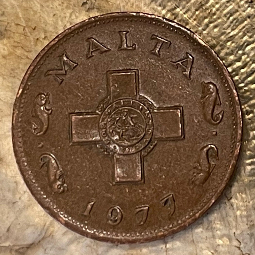 George Cross 1 Cent Malta Authentic Coin Money for Jewelry and Craft Making (For Gallantry) (St George and the Dragon) (Dolphins) VERY FINE