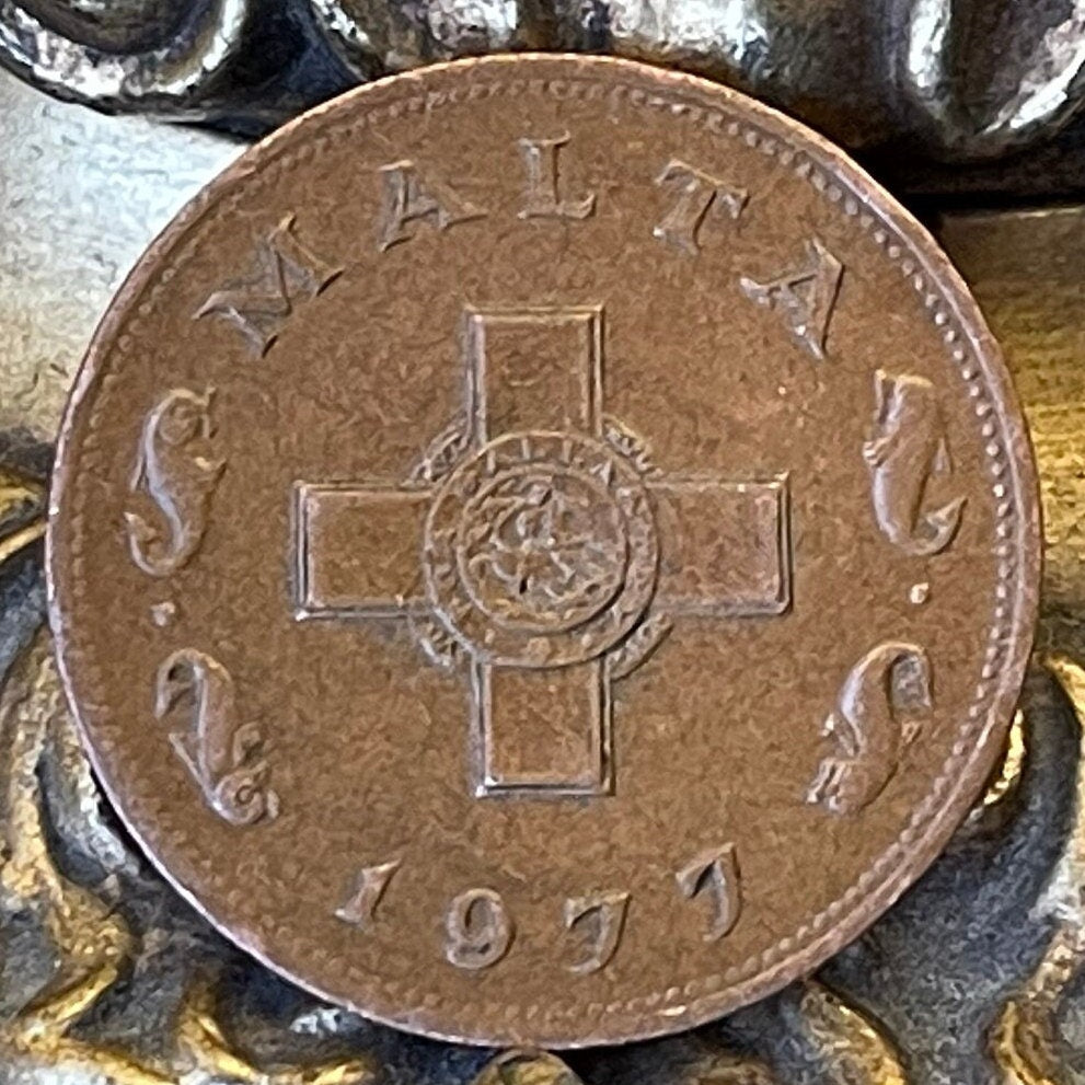 George Cross 1 Cent Malta Authentic Coin Money for Jewelry and Craft Making (For Gallantry) (St George and the Dragon) (Dolphins) VERY FINE