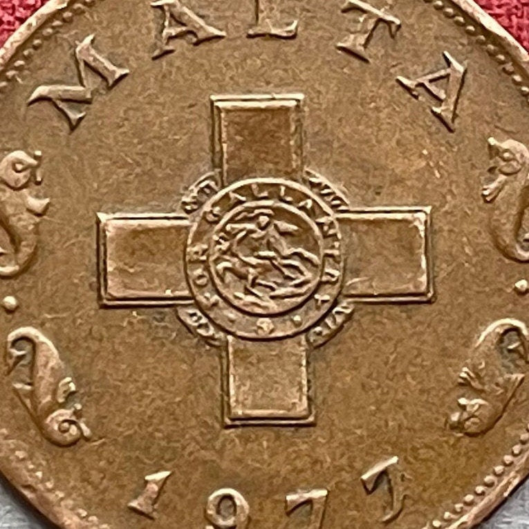 George Cross 1 Cent Malta Authentic Coin Money for Jewelry and Craft Making (For Gallantry) (St George and the Dragon) (Dolphins) VERY FINE