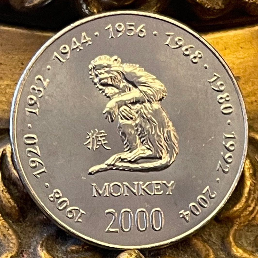 Year of the Monkey Chinese Zodiac 10 Shillings Somalia Authentic Coin Money for Jewelry and Craft Making 1968 1980 1992 2004 (Primate)