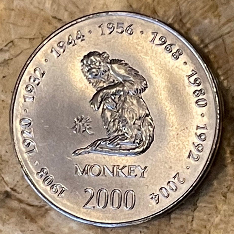 Year of the Monkey Chinese Zodiac 10 Shillings Somalia Authentic Coin Money for Jewelry and Craft Making 1968 1980 1992 2004 (Primate)