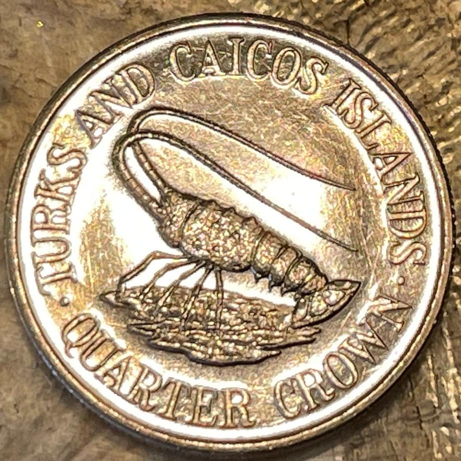 Spiny Lobster Quarter Crown Turks and Caicos Authentic Coin Money for Jewelry and Craft Making (1981) (Sea Crayfish) (Langusta)