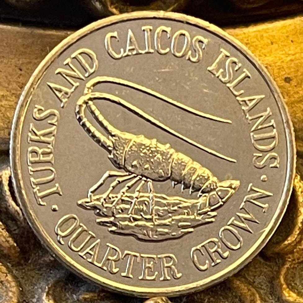 Spiny Lobster Quarter Crown Turks and Caicos Authentic Coin Money for Jewelry and Craft Making (1981) (Sea Crayfish) (Langusta)