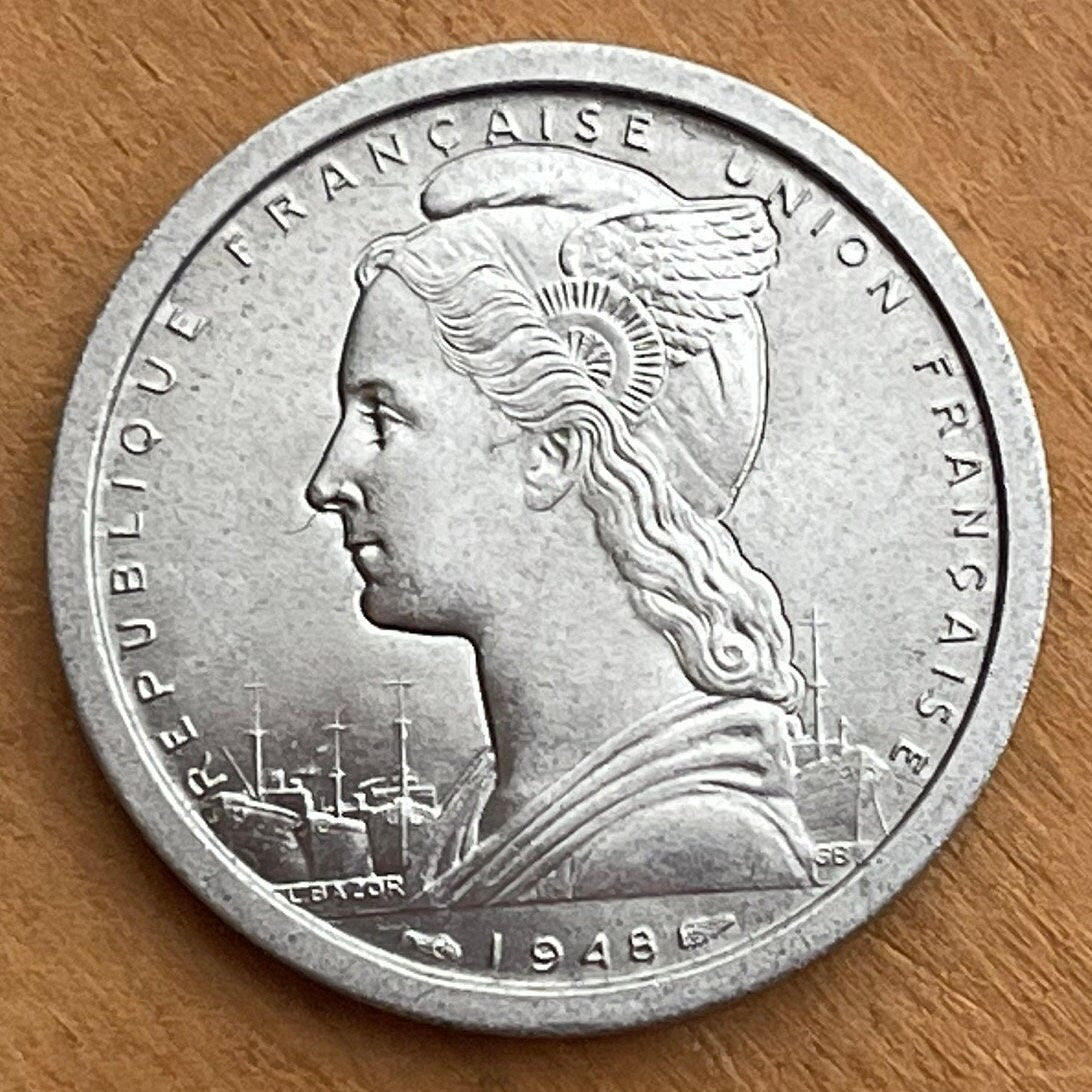 Three Zebu & Marianne in Winged Phrygian Cap 2 Francs Madagascar Authentic Coin Money for Jewelry and Craft Making (Omby) 1948