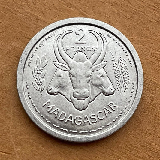 Three Zebu & Marianne in Winged Phrygian Cap 2 Francs Madagascar Authentic Coin Money for Jewelry and Craft Making (Omby) 1948