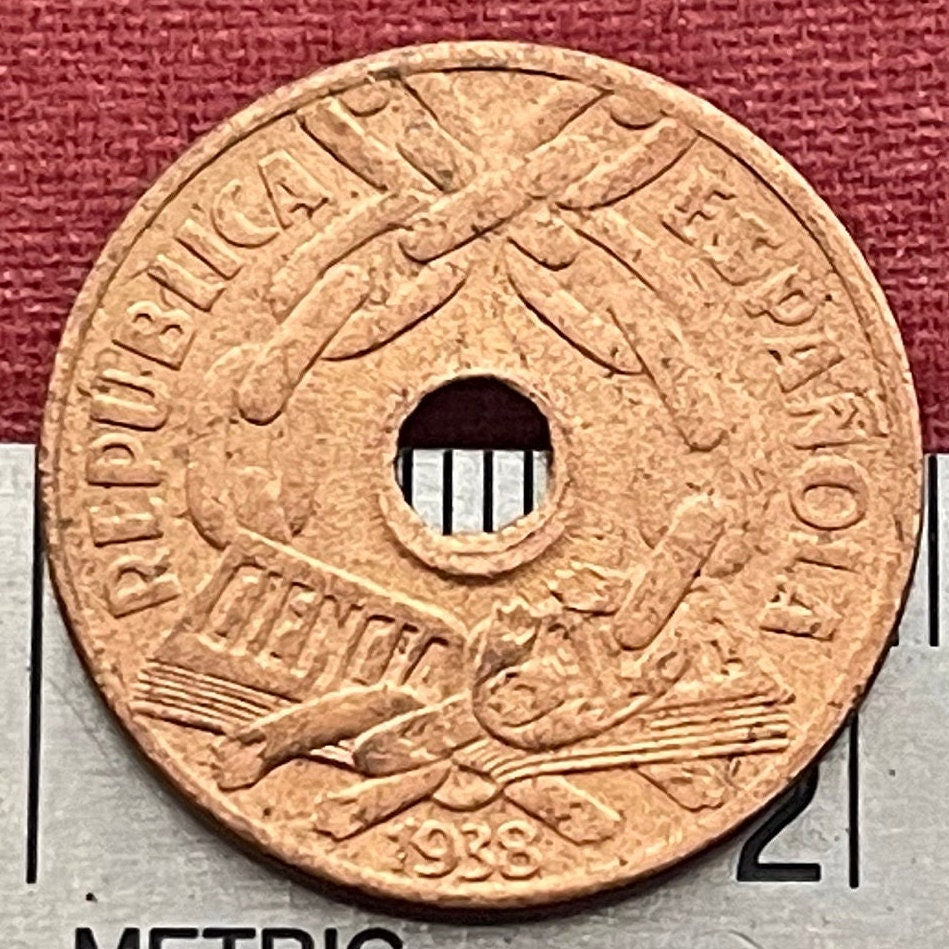 Book Breaks Chains of Ignorance 25 Centimos Second Spanish Republic 1938 Authentic Coin Money for Jewelry (Public Education) (Hole in Coin)
