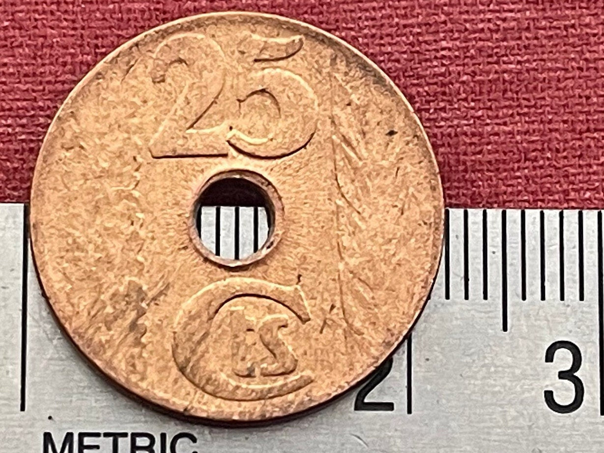 Book Breaks Chains of Ignorance 25 Centimos Second Spanish Republic 1938 Authentic Coin Money for Jewelry (Public Education) (Hole in Coin)