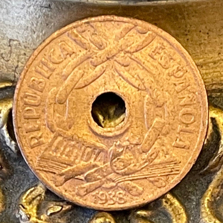 Book Breaks Chains of Ignorance 25 Centimos Second Spanish Republic 1938 Authentic Coin Money for Jewelry (Public Education) (Hole in Coin)