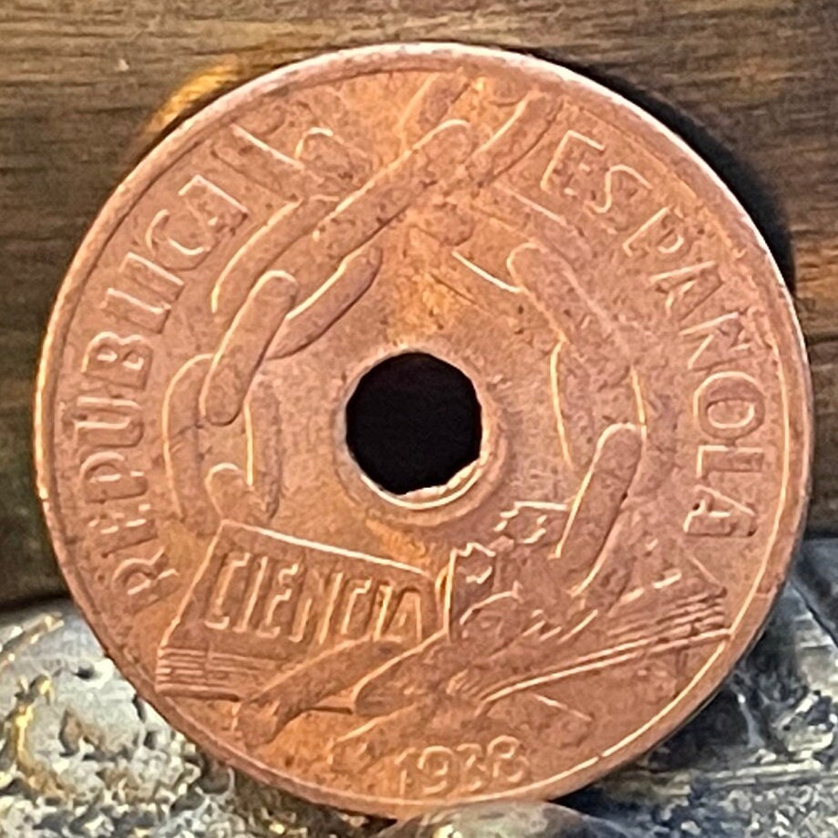 Book Breaks Chains of Ignorance 25 Centimos Second Spanish Republic 1938 Authentic Coin Money for Jewelry (Public Education) (Hole in Coin)