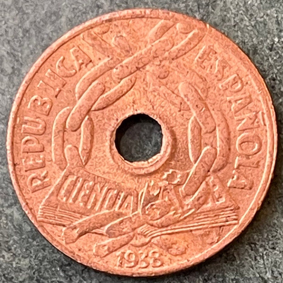 Book Breaks Chains of Ignorance 25 Centimos Second Spanish Republic 1938 Authentic Coin Money for Jewelry (Public Education) (Hole in Coin)