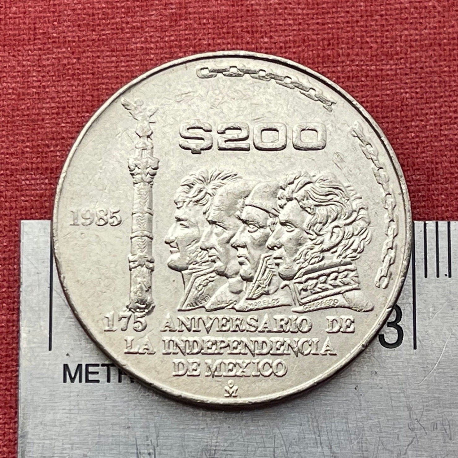 Angel and Heroes of Independence 200 Pesos Mexico Authentic Coin Money for Jewelry (Mexican Revolution) (1985) (Independence Monument)