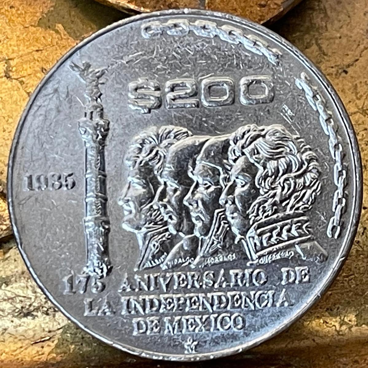 Angel and Heroes of Independence 200 Pesos Mexico Authentic Coin Money for Jewelry (Mexican Revolution) (1985) (Independence Monument)