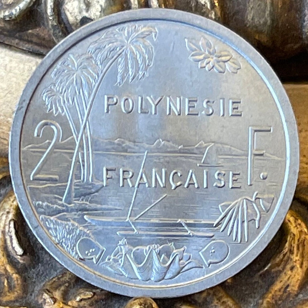 Liberty on Throne 2 Francs & Tahiti Beach, Outrigger Canoe, Sailboat French Polynesia Authentic Coin (South Pacific Island) 1965 (Marquesas)
