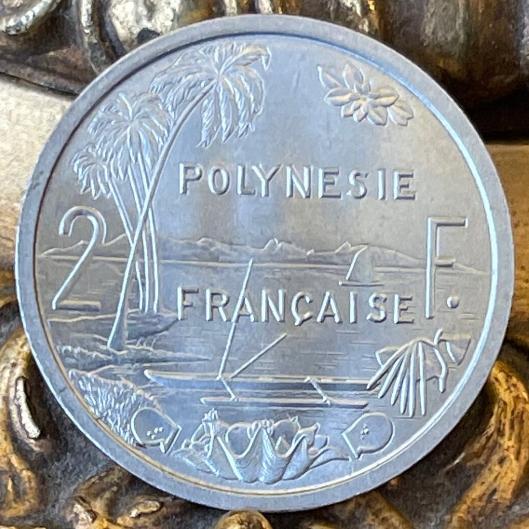 Tahiti Beach 2 Francs, Outrigger Canoe, Sailboat & Liberty on Throne French Polynesia Authentic Coin (South Pacific Island) 1965 (Marquesas)