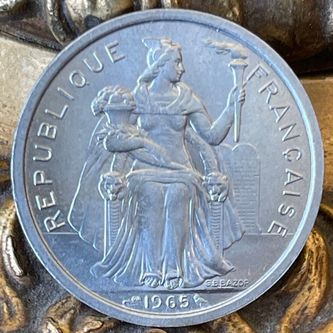 Liberty on Throne 2 Francs & Tahiti Beach, Outrigger Canoe, Sailboat French Polynesia Authentic Coin (South Pacific Island) 1965 (Marquesas)