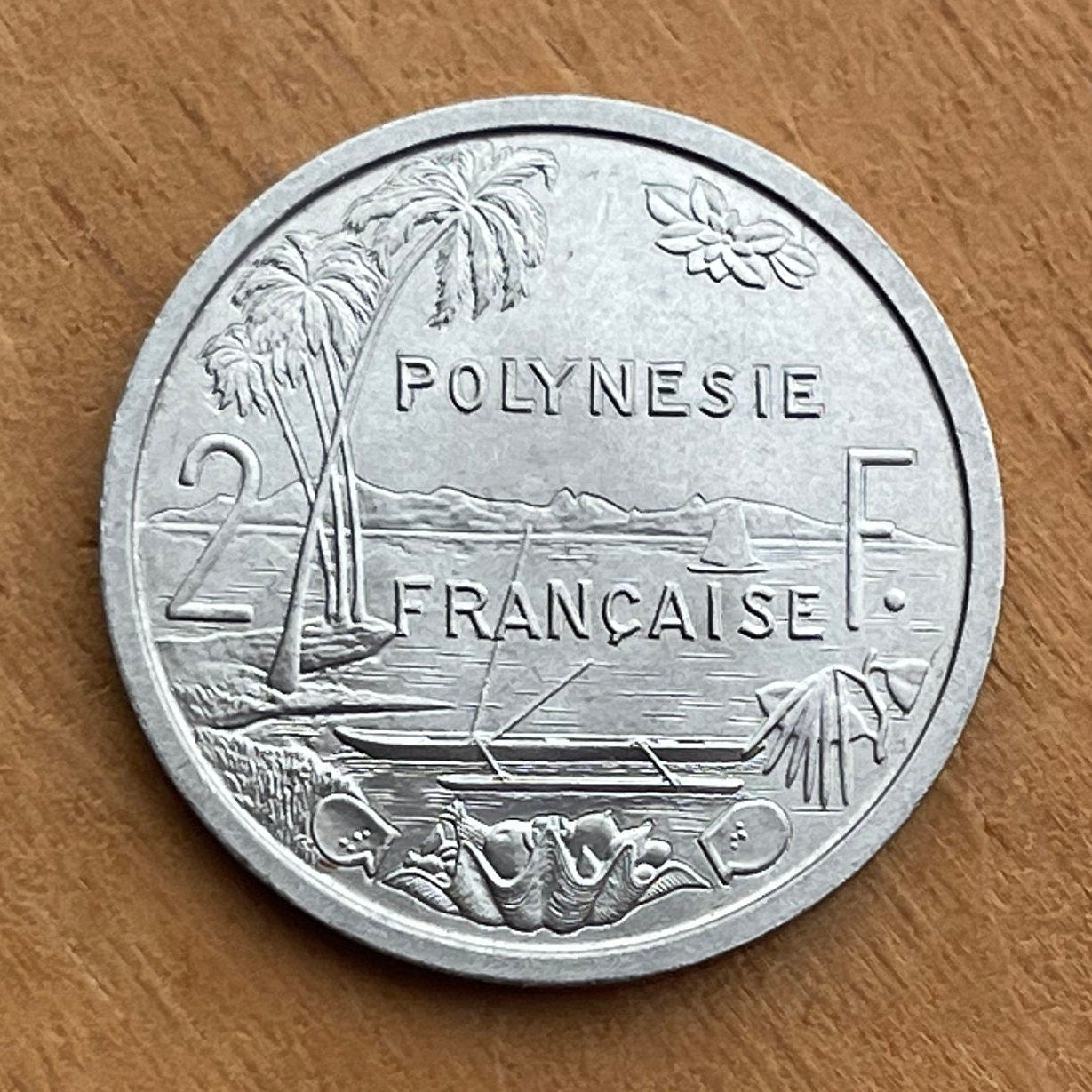 Liberty on Throne 2 Francs & Tahiti Beach, Outrigger Canoe, Sailboat French Polynesia Authentic Coin (South Pacific Island) 1965 (Marquesas)