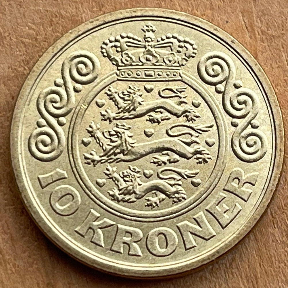 Queen Margrethe II 10 Kroner Denmark Authentic Coin Money for Jewelry and Craft Making (Three Lions)