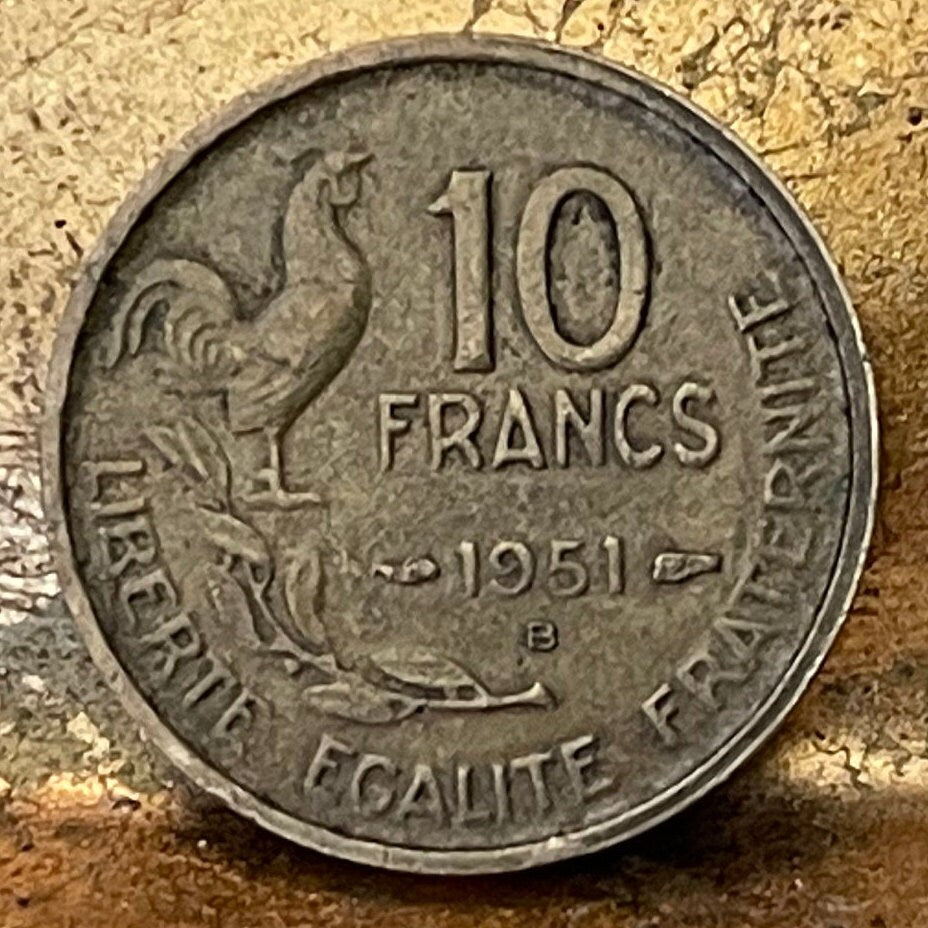 Gallic Rooster 10 Francs Chantecler & Marianne France Authentic Coin Money for Jewelry and Craft Making (Le Coq Francais) (Fourth Republic)