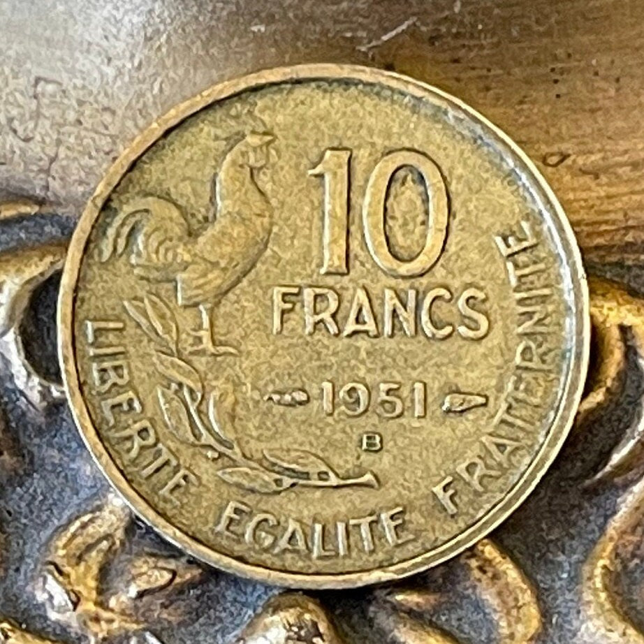 Gallic Rooster 10 Francs Chantecler & Marianne France Authentic Coin Money for Jewelry and Craft Making (Le Coq Francais) (Fourth Republic)