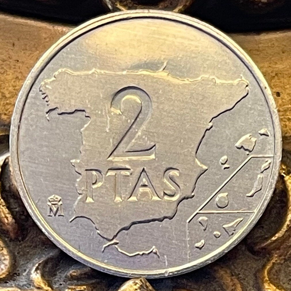 Spain Map & King Juan Carlos 2 Pesetas Authentic Coin Money for Jewelry and Craft Making (Balearic Islands) (Canary Islands)