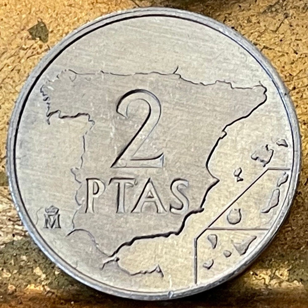 Spain Map & King Juan Carlos 2 Pesetas Authentic Coin Money for Jewelry and Craft Making (Balearic Islands) (Canary Islands)