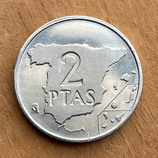 Spain Map & King Juan Carlos 2 Pesetas Authentic Coin Money for Jewelry and Craft Making (Balearic Islands) (Canary Islands)