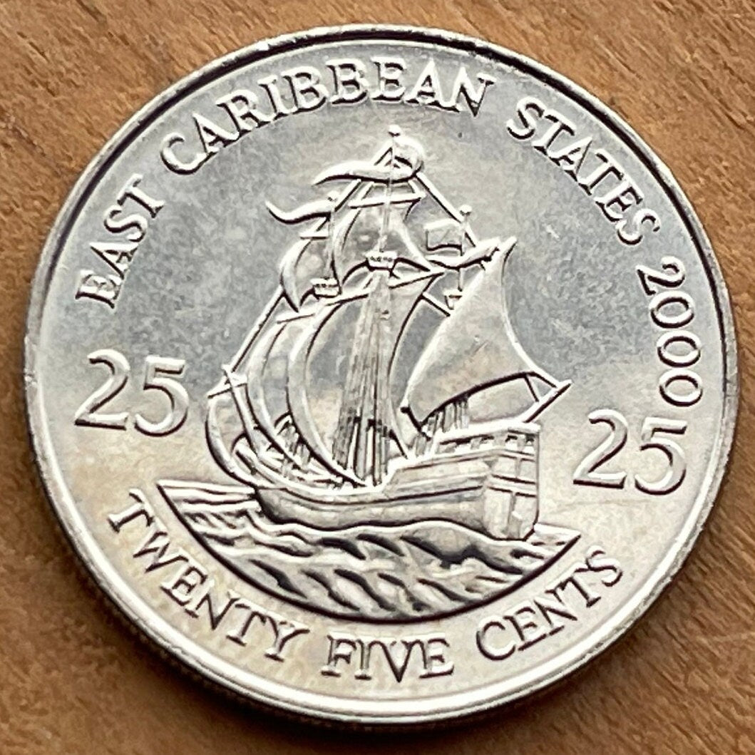 Golden Hind Galleon of Sir Francis Drake 25 Cents East Caribbean States (St Vincent) Authentic Coin Money for Jewelry and Craft Making