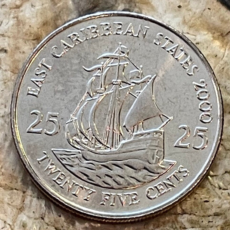 Golden Hind Galleon of Sir Francis Drake 25 Cents East Caribbean States (St Vincent) Authentic Coin Money for Jewelry and Craft Making