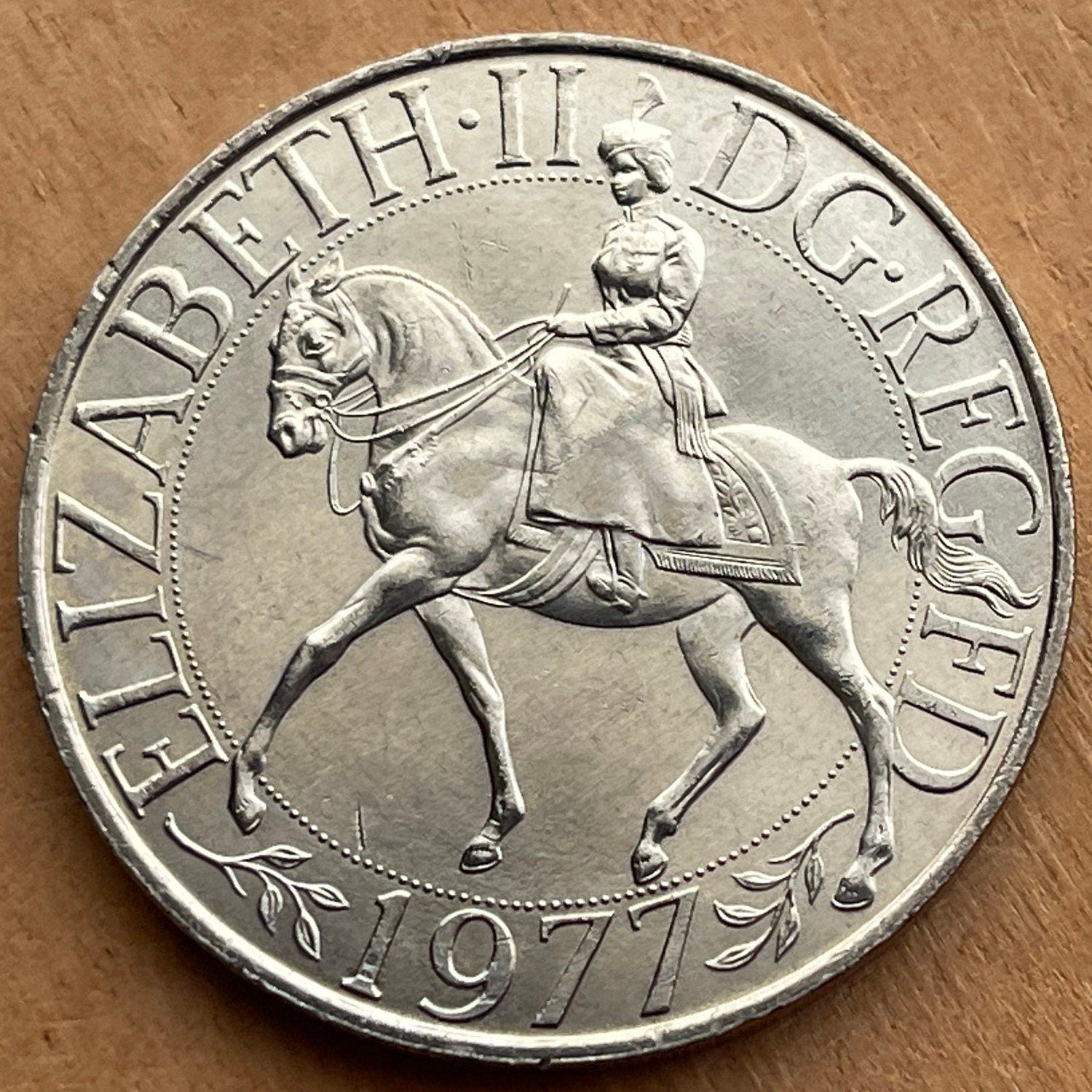 Horseback Queen Elizabeth II & Coronation Regalia 25 New Pence Authentic Coin Money for Jewelry and Craft Making (25th Anniversary) (1977)