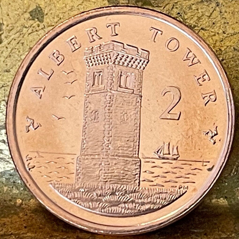 Albert Tower & Ship 2 Pence Isle of Man Authentic Coin Money for Jewelry and Craft Making (Prince Albert) (Lookout) (Watchtower)