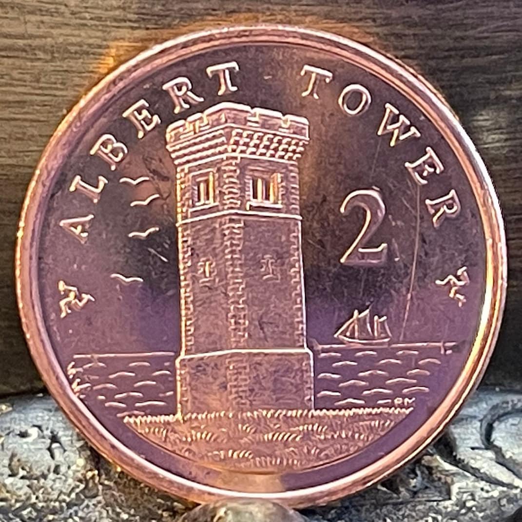 Albert Tower & Ship 2 Pence Isle of Man Authentic Coin Money for Jewelry and Craft Making (Prince Albert) (Lookout) (Watchtower)