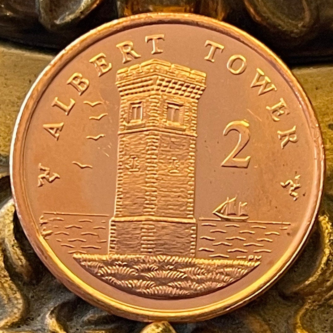 Albert Tower & Ship 2 Pence Isle of Man Authentic Coin Money for Jewelry and Craft Making (Prince Albert) (Lookout) (Watchtower)