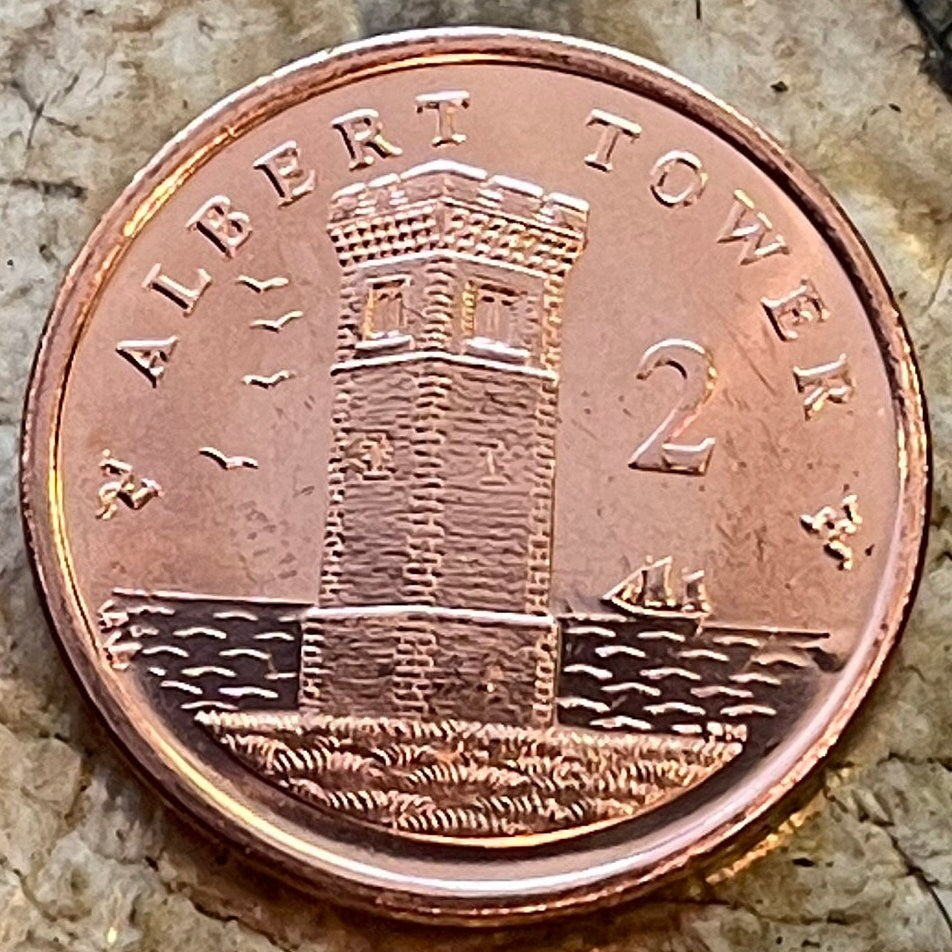 Albert Tower & Ship 2 Pence Isle of Man Authentic Coin Money for Jewelry and Craft Making (Prince Albert) (Lookout) (Watchtower)