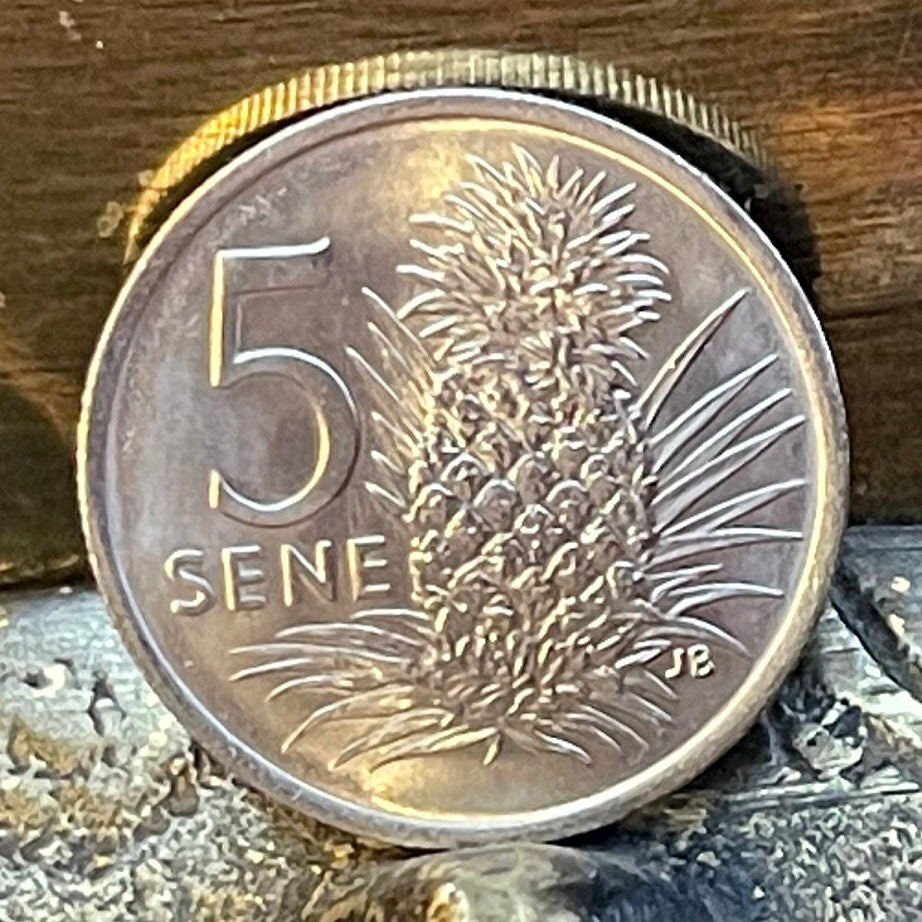 Pineapple & President-for-Life Malietoa Tanumafili II 5 Sene Samoa Authentic Coin Money for Jewelry and Craft Making