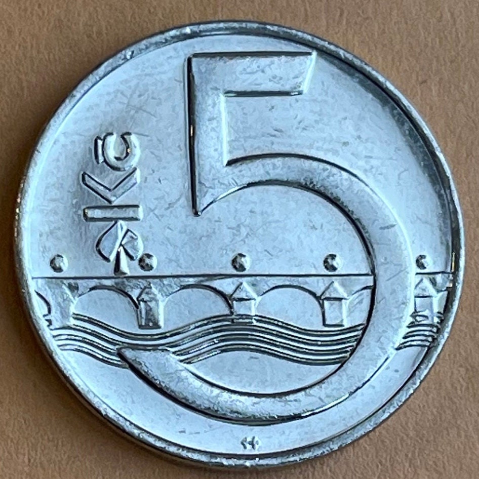 Charles Bridge & Bohemian Lion 5 Korun Czech Republic Authentic Coin Money for Jewelry and Craft Making (Czech Lion) (Double-tailed Lion)