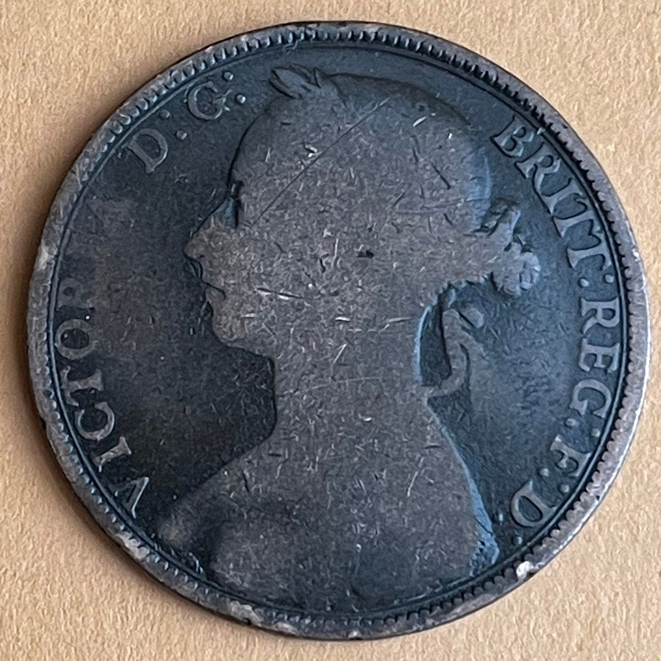 Queen Victoria (2nd Portrait) & Britannia with Trident 1 Penny Great Britain Authentic Coin Money for Jewelry (Bun Head) CONDITION: FAIR