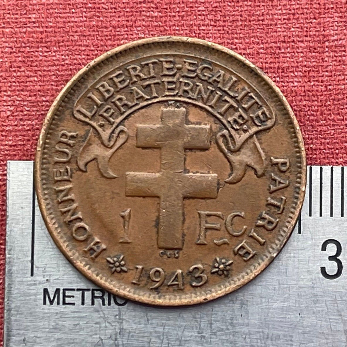 Gallic Rooster 1 Franc Chantecler & Free French Cross of Lorraine French Cameroon Authentic Coin Money for Jewelry (Le Coq Francais) 1943