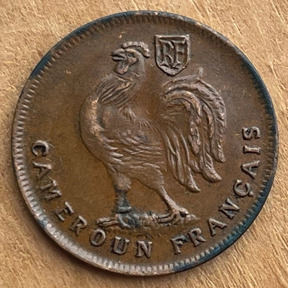 Gallic Rooster 1 Franc Chantecler & Free French Cross of Lorraine French Cameroon Authentic Coin Money for Jewelry (Le Coq Francais) 1943