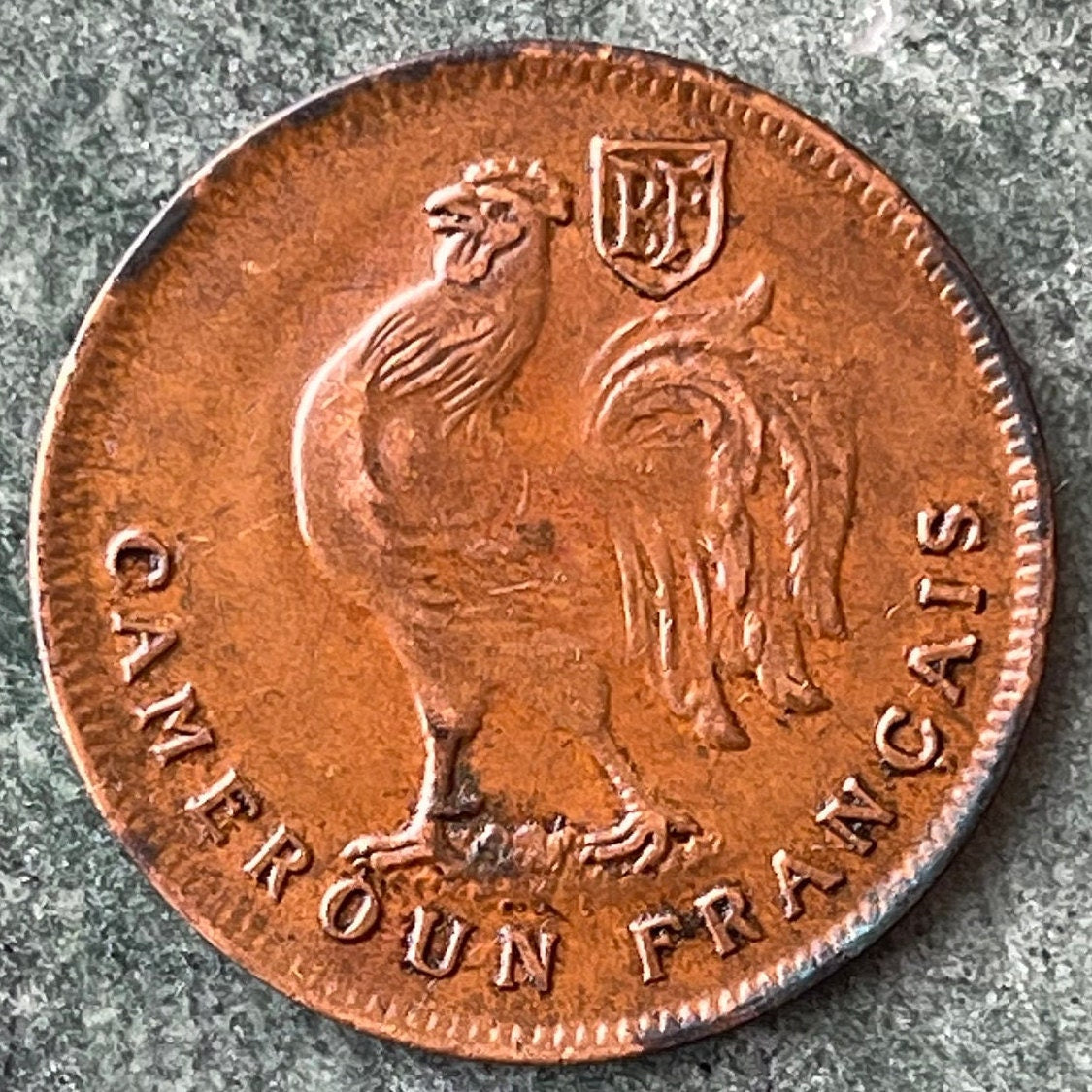 Gallic Rooster 1 Franc Chantecler & Free French Cross of Lorraine French Cameroon Authentic Coin Money for Jewelry (Le Coq Francais) 1943