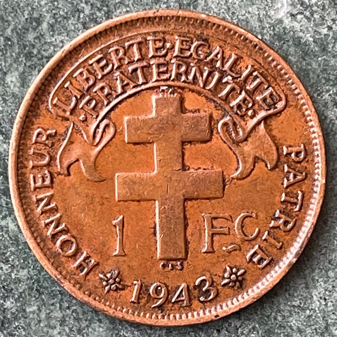 Free French Cross of Lorraine & Gallic Rooster Chantecler 1 Franc French Cameroon Authentic Coin Money for Jewelry (Le Coq Francais) 1943