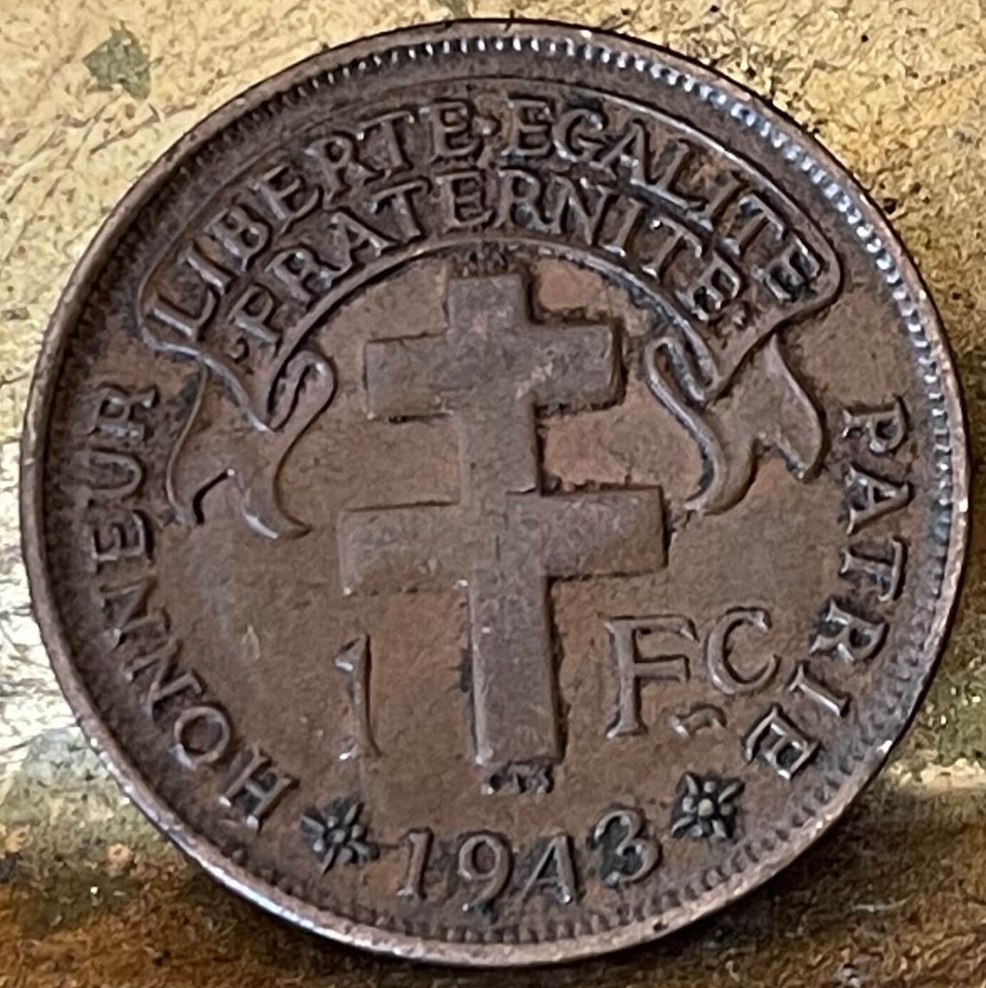 Gallic Rooster 1 Franc Chantecler & Free French Cross of Lorraine French Cameroon Authentic Coin Money for Jewelry (Le Coq Francais) 1943