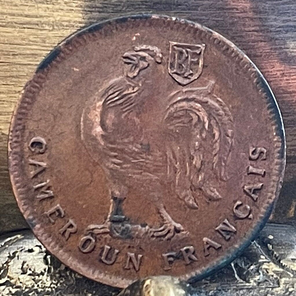 Gallic Rooster 1 Franc Chantecler & Free French Cross of Lorraine French Cameroon Authentic Coin Money for Jewelry (Le Coq Francais) 1943