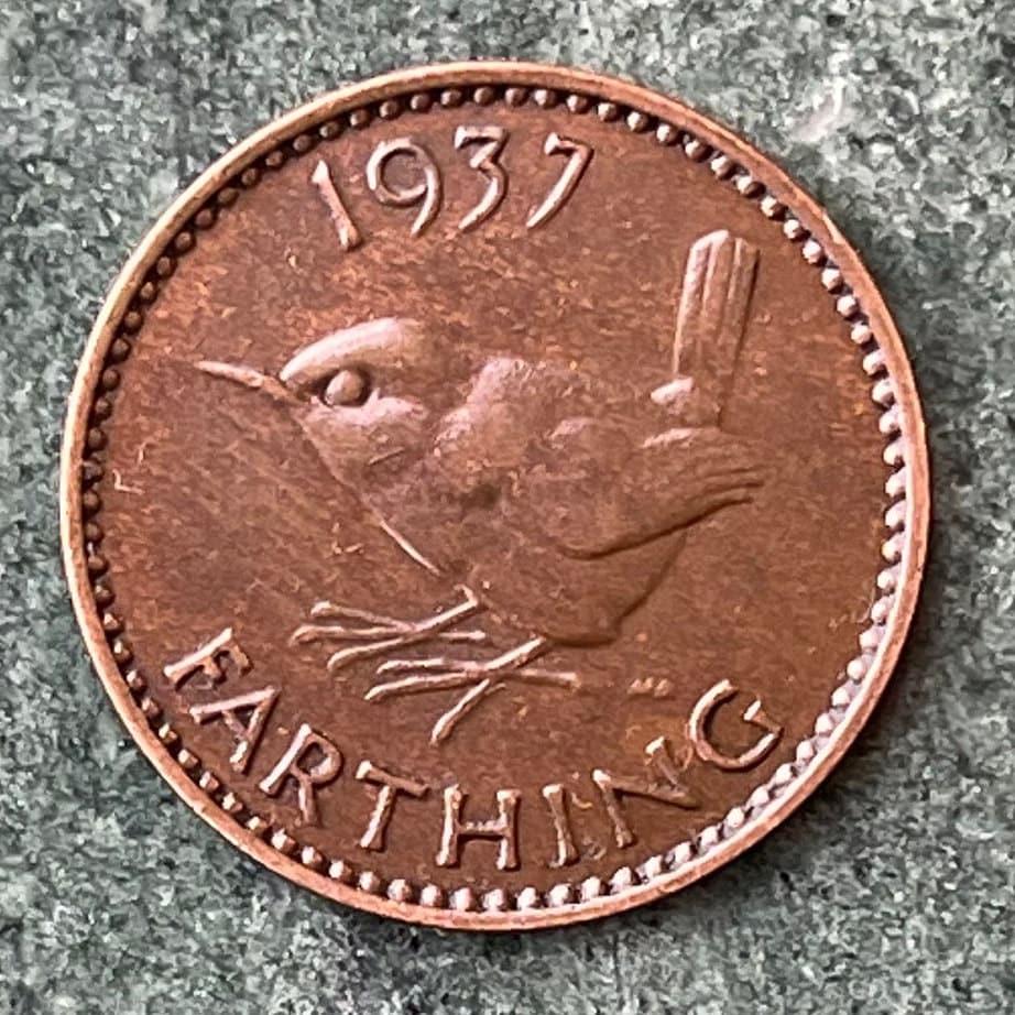 Eurasian Wren & King George VI 1 Farthing Great Britain Authentic Coin Money for Jewelry and Craft Making