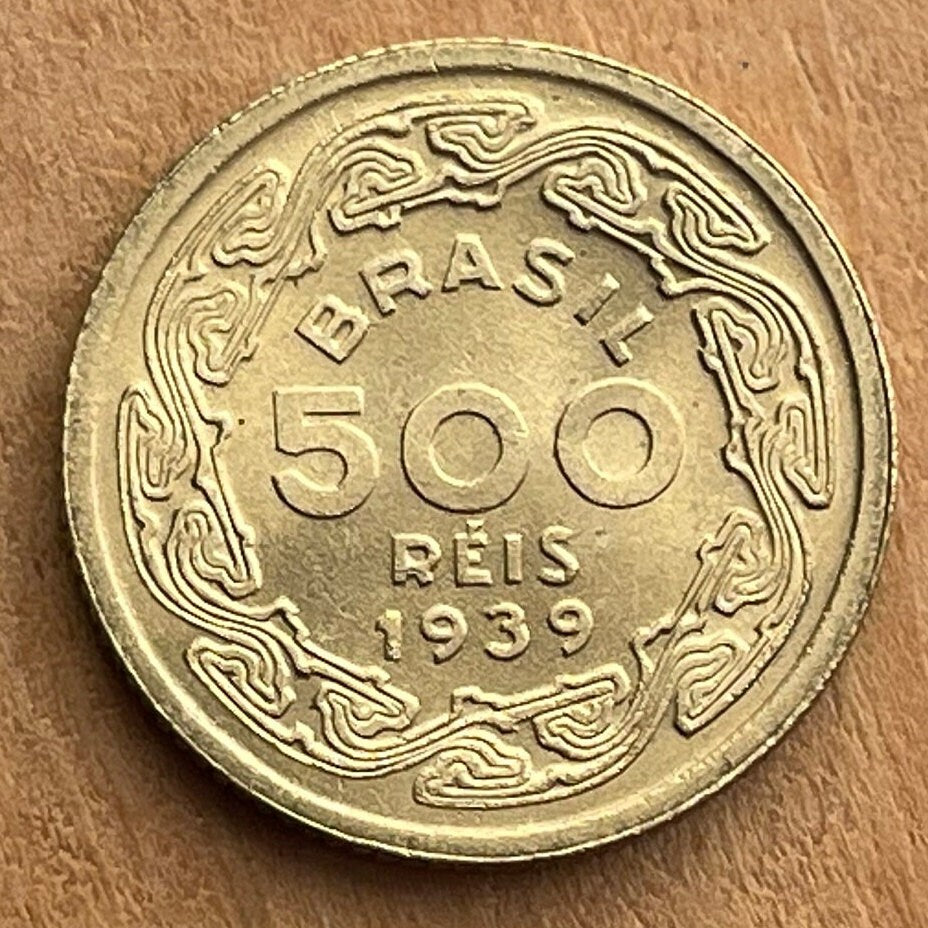 Author Machado de Assis & Marajoara Motif 500 Réis Brazil Authentic Coin Money for Jewelry (Pre-Columbian) (Matrilineal) (Goddess) (1939)