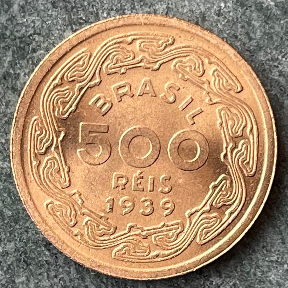 Author Machado de Assis & Marajoara Motif 500 Réis Brazil Authentic Coin Money for Jewelry (Pre-Columbian) (Matrilineal) (Goddess) (1939)