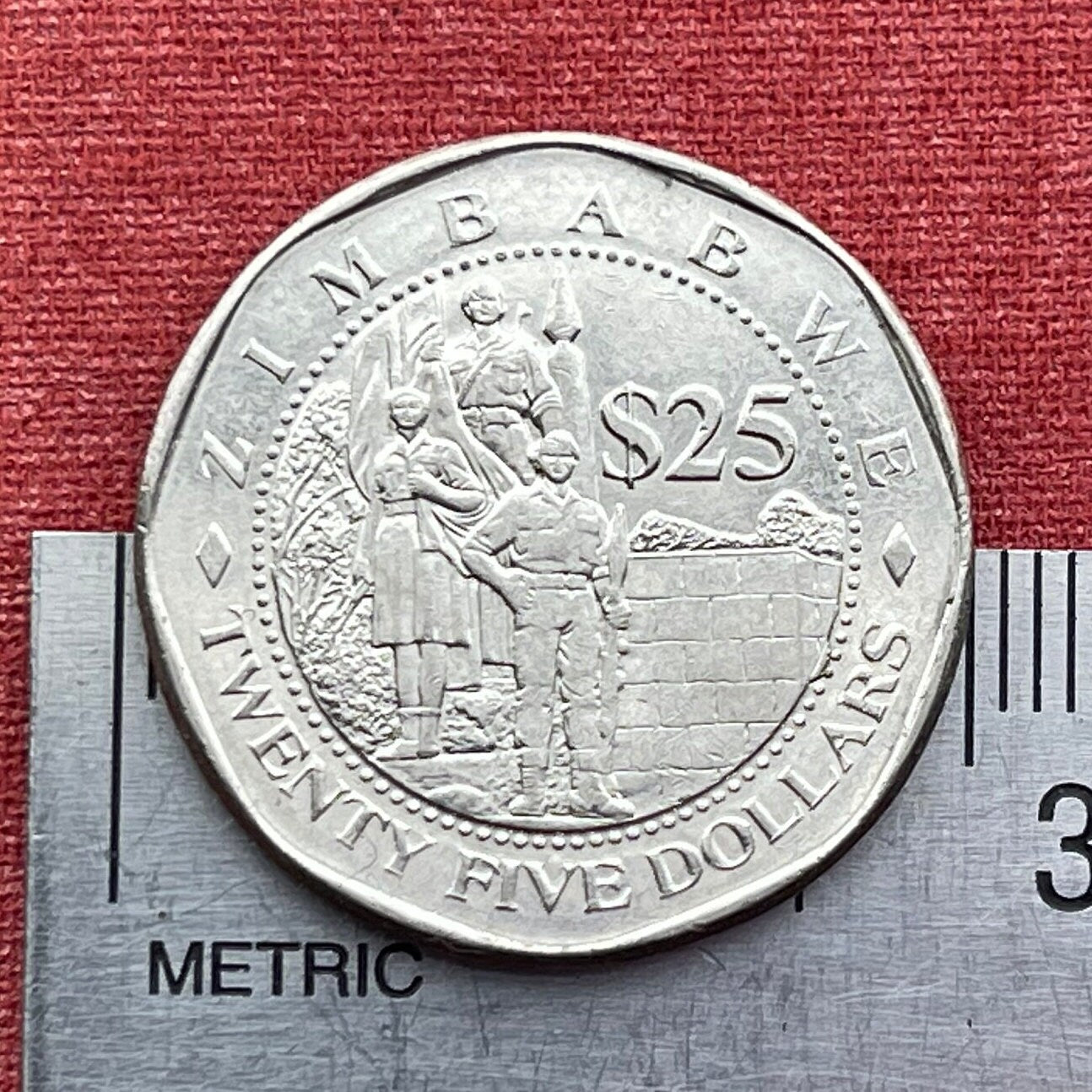 Statue of the Unknown Soldier & Great Zimbabwe Bird 25 Dollars Zimbabwe Authentic Coin Money for Jewelry (Heroes Acre) (Harare) (Shona)