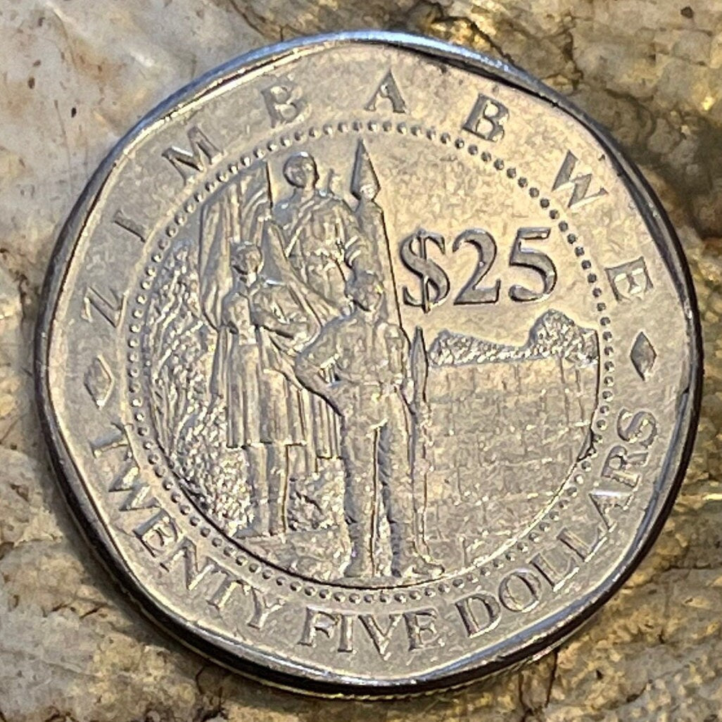 Statue of the Unknown Soldier & Great Zimbabwe Bird 25 Dollars Zimbabwe Authentic Coin Money for Jewelry (Heroes Acre) (Harare) (Shona)